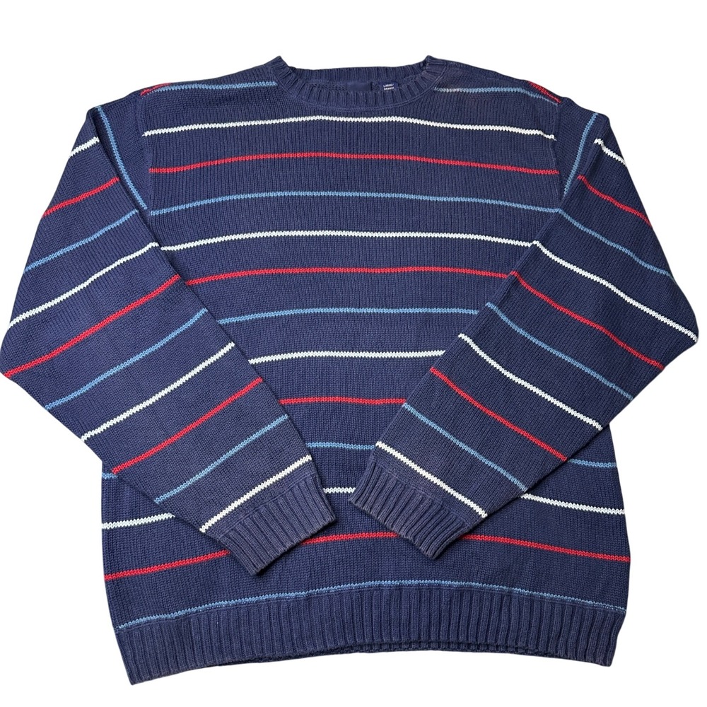 Basic Editions‎ Mens Large Navy Blue Striped Cotton Knit Crewneck Sweater L